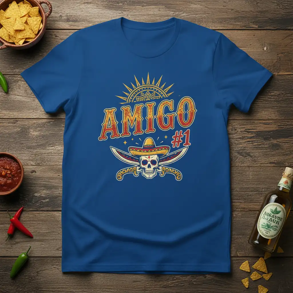 Amigo #1 design with a skull, sombrero, and crossed swords, bold text on a royal blue tee