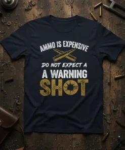 T-shirt with "Ammo Is Expensive Do Not Expect A Warning Shot Fuck Around Find Out" text and crossed bullets graphic