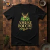Amuse Bouche text with a cartoon deer head and green leaves on a black t-shirt