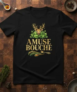 Amuse Bouche text with a cartoon deer head and green leaves on a black t-shirt
