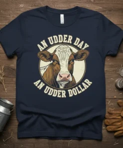 An Udder Day An Udder Dollar cow pun t-shirt with a cow's face in a circle
