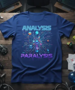 Analysis Paralysis t-shirt with neon blue and purple text and a colorful digital circuit diagram graphic