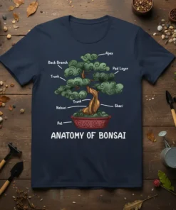 Anatomy of Bonsai t-shirt featuring a detailed diagram of a bonsai tree with labels like Apex, Trunk, and Pot