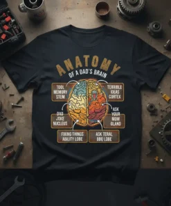 Anatomy of a Dad's Brain T-Shirt design showing brain sections labeled with dad humor: Tool Memory Stem, Dad Joke Nucleus