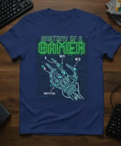 Anatomy of a Gamer T-Shirt featuring a skeleton hand with keybinds like A, W/S, and SHIFT/CTRL