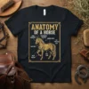 Anatomy Of A Horse T-Shirt featuring a detailed diagram with humorous labels like 'Mood Indicator' and 'Fuel Tank'