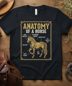 Anatomy Of A Horse T-Shirt featuring a detailed diagram with humorous labels like 'Mood Indicator' and 'Fuel Tank'