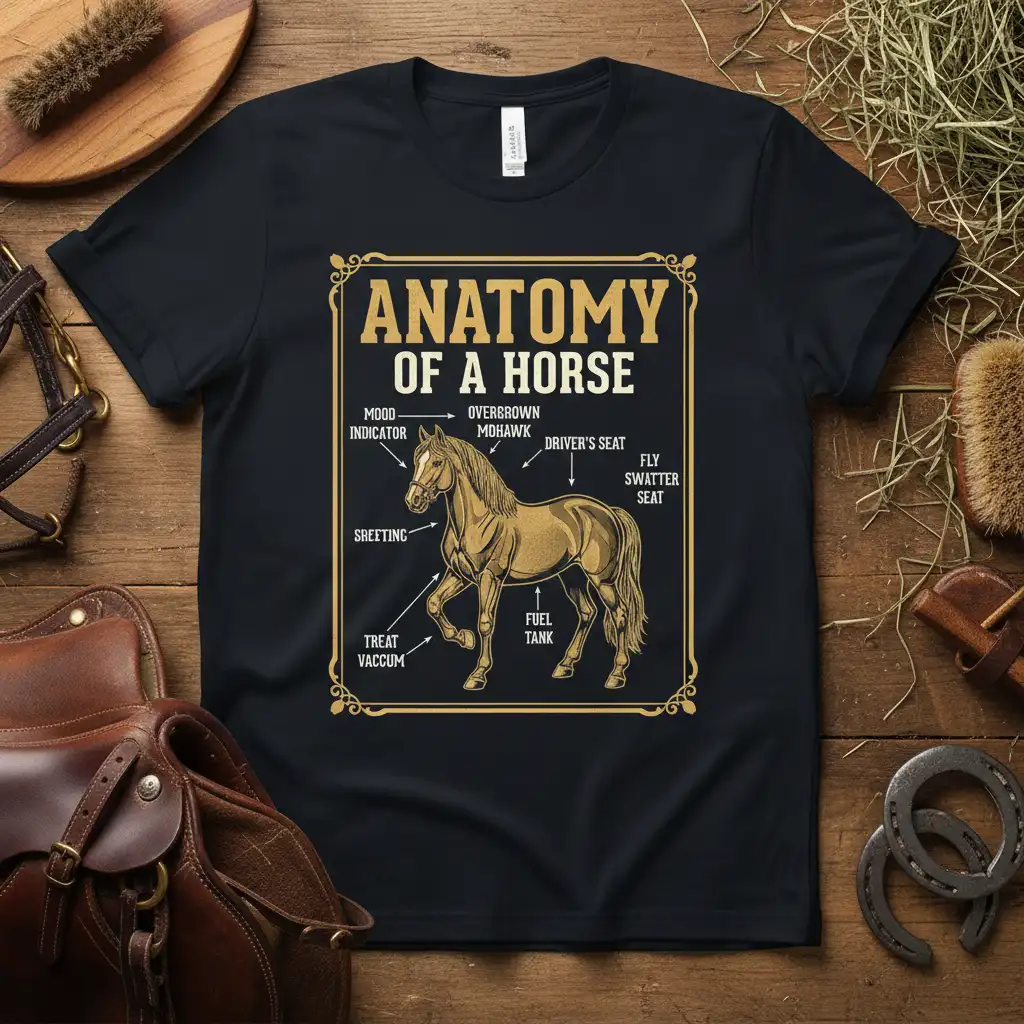 Anatomy Of A Horse diagram t-shirt with humorous labels for horse parts and a central illustration