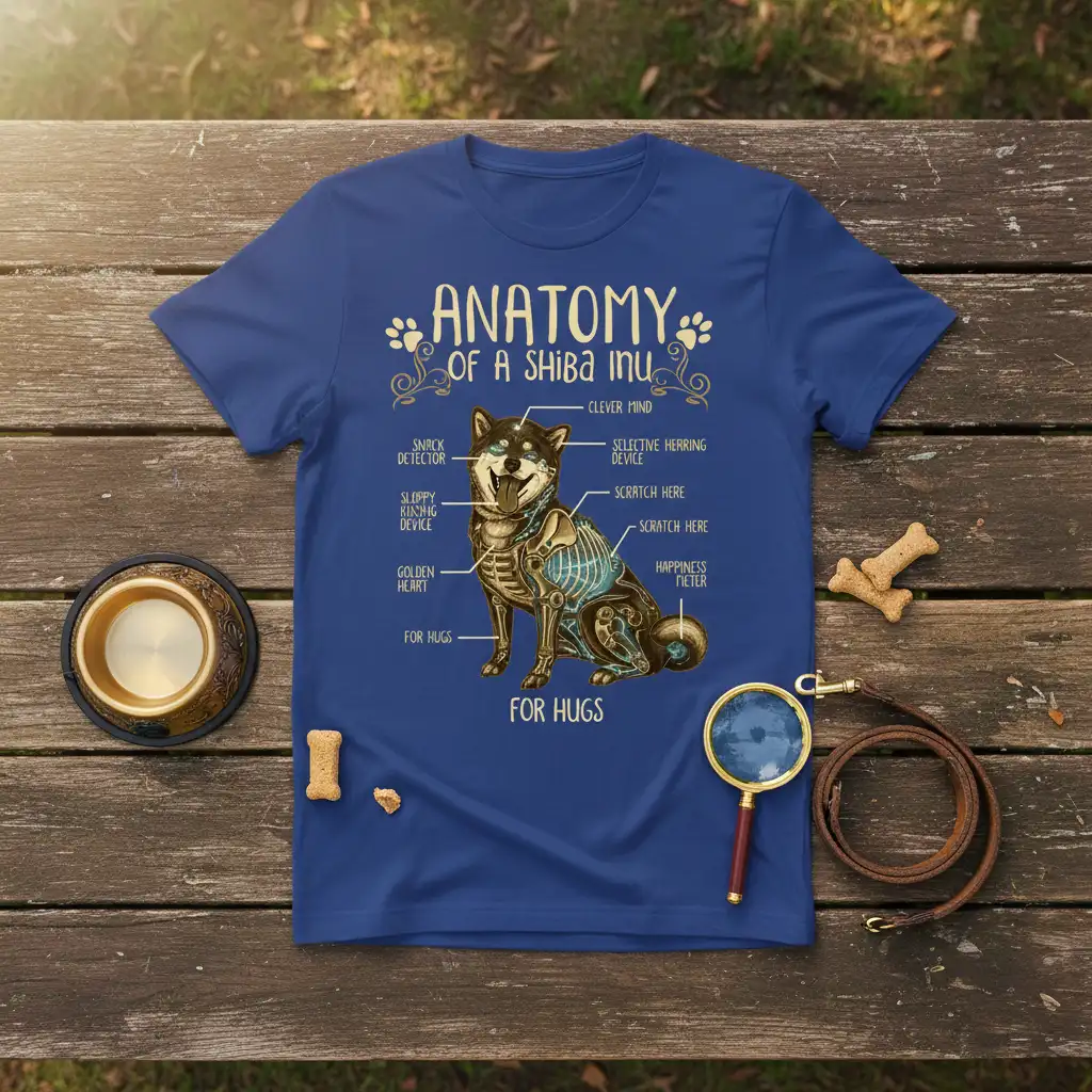 Anatomy of a Shiba Inu for Hugs t-shirt design with detailed dog skeleton and funny labels