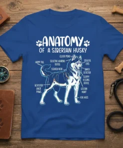 Anatomy of a Siberian Husky T-Shirt design with humorous labels for dog parts like Happy Tail and Soulful Eyes