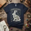 Anatomy of the Bunny T-Shirt showing scientific illustration of a rabbit with labels for sniffs, fluff, and chocolate egg vault