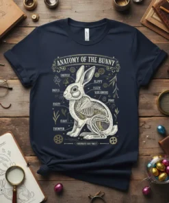 Anatomy of the Bunny T-Shirt showing scientific illustration of a rabbit with labels for sniffs, fluff, and chocolate egg vault