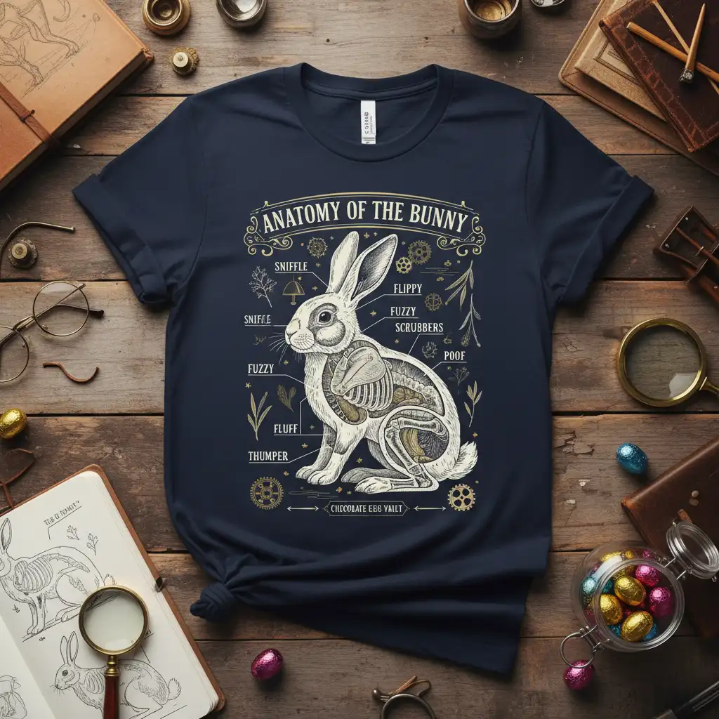 Anatomy of the Bunny graphic tee with humorous scientific labels for rabbit features and a chocolate egg vault