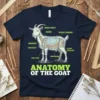 Anatomy of the Goat t-shirt with humorous labels pointing to goat anatomy, including Sniffy Snoot and Flippy Waggler