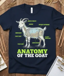 Anatomy of the Goat t-shirt with humorous labels pointing to goat anatomy, including Sniffy Snoot and Flippy Waggler
