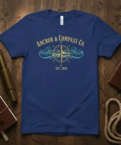 Anchor & Compass Co. Est. 2024 vintage compass design on a navy blue t-shirt with wave graphics