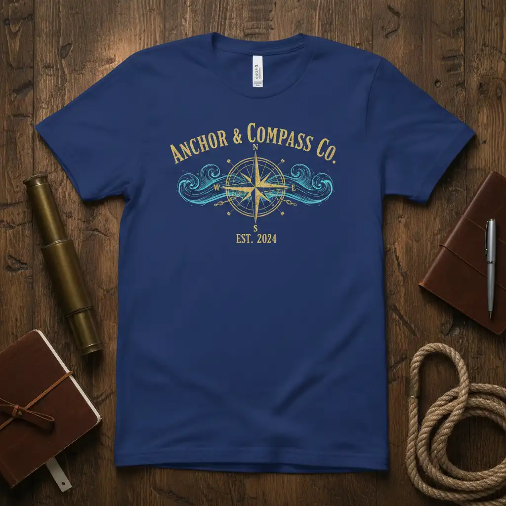 Anchor & Compass Co. Est. 2024 nautical design with vintage compass and waves graphic