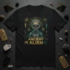Ancient Alien t-shirt design featuring a grey alien head with an eye of Horus symbol and intricate cosmic patterns