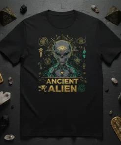 Ancient Alien t-shirt design featuring a grey alien head with an eye of Horus symbol and intricate cosmic patterns