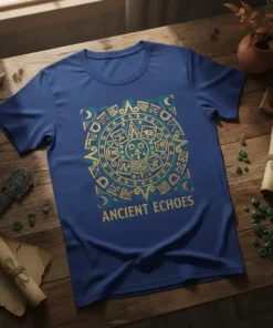 Blue t-shirt with a gold and teal Mayan calendar design and the text "Ancient Echoes"