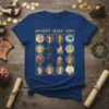 Collage of Ancient Greek Gods including Zeus, Hera, Hades, Apollo, and Hermes on a blue t-shirt