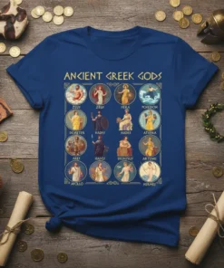 Collage of Ancient Greek Gods including Zeus, Hera, Hades, Apollo, and Hermes on a blue t-shirt