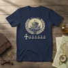 Ancient Greek Ship Design T-Shirt with laurel wreath and cross emblem, navy blue tee