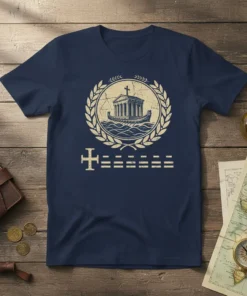 Ancient Greek Ship Design T-Shirt with laurel wreath and cross emblem, navy blue tee