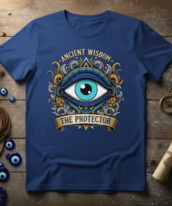 Ancient Wisdom The Protector t-shirt featuring a stylized blue eye symbol with intricate golden and blue decorative elements