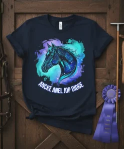 Ancke Anel Jop Didge text with a dark horse head and galaxy nebula design on a navy t-shirt