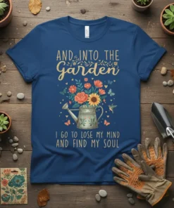 And Into The Garden quote with floral watering can and butterflies on a navy blue t-shirt