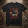 Black t-shirt with the quote "And Now These Three Remain: Faith, Hope And The Greatest Of These Is Love" in