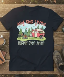 And She Lived Happily Ever After camping couple t-shirt design featuring a vintage camper, campfire, and trees