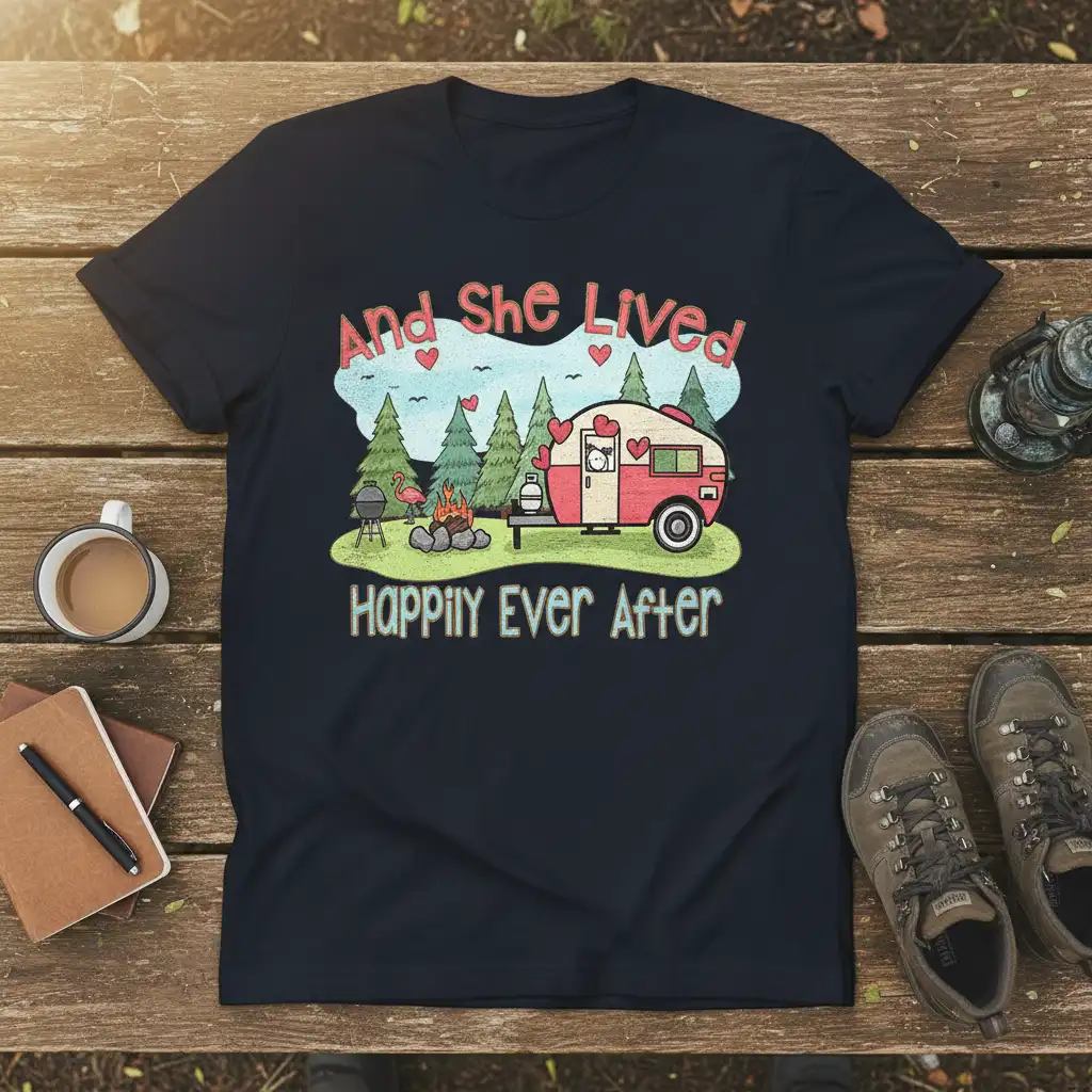 And She Lived Happily Ever After quote on a t-shirt with a cute camping scene illustration