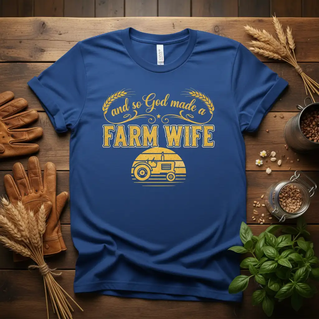 And So God Made a FARM WIFE quote and vintage tractor graphic on a blue t-shirt for farm wives