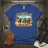And They're Off horse racing t-shirt design featuring three horses and jockeys mid-race at a stadium
