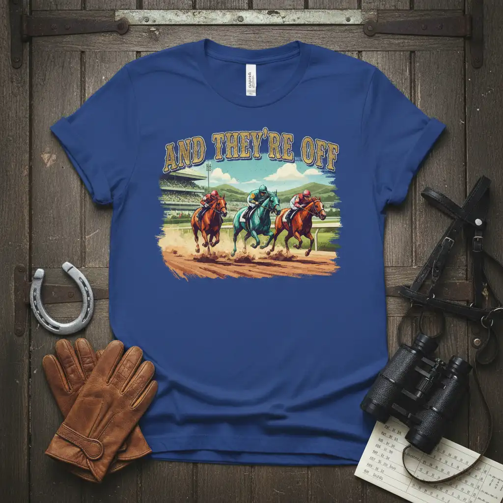 And They're Off horse racing graphic with three jockeys and horses galloping on a track