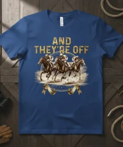 And They're Off horse racing t-shirt with jockeys and horses in action, gold text, and equestrian graphics
