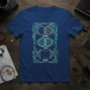 AND OR XOR logic gate design with Venn diagrams and circuit board aesthetic on a blue t-shirt