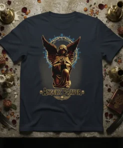 Angelic Prayer T-Shirt with a kneeling angel figure and halo, spiritual faith apparel design