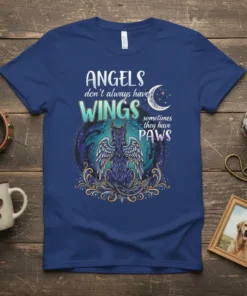 ANGELS don't always have WINGS sometimes they have PAWS t-shirt with a celestial wolf graphic, moon, and stars