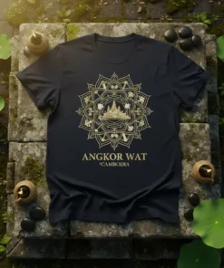 Black t-shirt with gold Angkor Wat Cambodia design, featuring a mandala motif and temple illustration