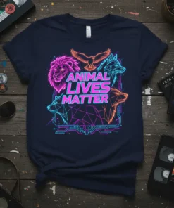 Neon graphic t-shirt with "ANIMAL LIVES MATTER" text, featuring stylized lion, eagle, wolf, and bear heads