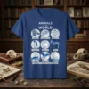 Animals of the World t-shirt design featuring labeled illustrations of various creatures like Trash Panda, Dangerous Noodle, and Death Ploof