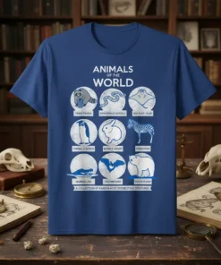 Animals of the World t-shirt design featuring labeled illustrations of various creatures like Trash Panda, Dangerous Noodle, and Death Ploof
