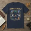 Animals of the World t-shirt design with humorous names like Trash Panda and Danger Noodle, featuring various cartoon animals