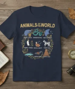 Animals of the World t-shirt design with humorous names like Trash Panda and Danger Noodle, featuring various cartoon animals