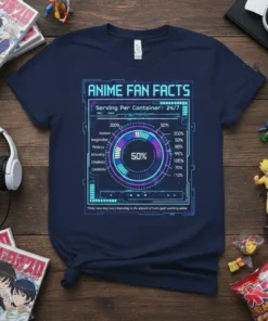 Navy blue t-shirt displaying "Anime Fan Facts Serving Per Container: 24/7" with a circular progress bar and ingredient list