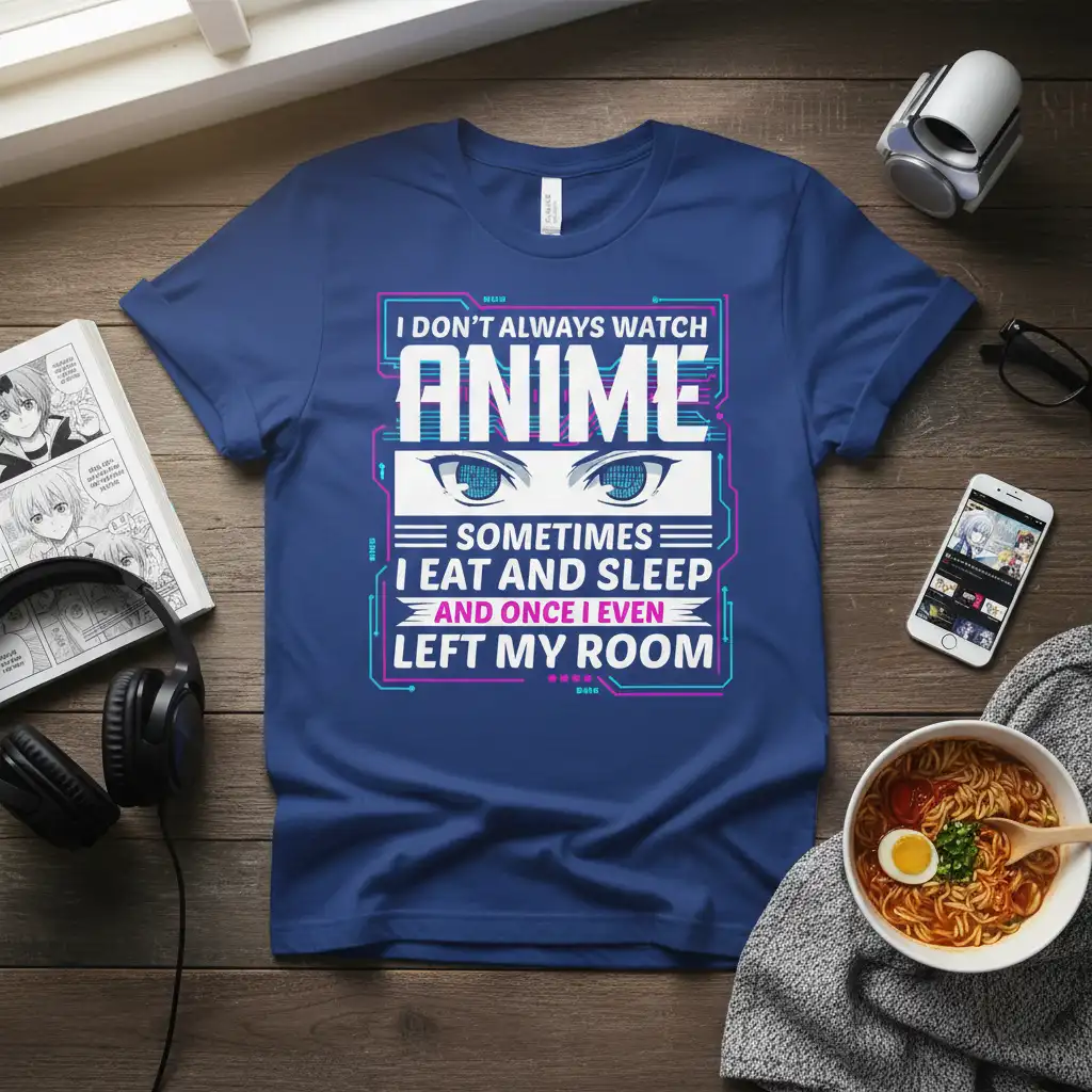 I DON'T ALWAYS WATCH ANIME quote in futuristic font with binary code anime eyes graphic on a blue tee