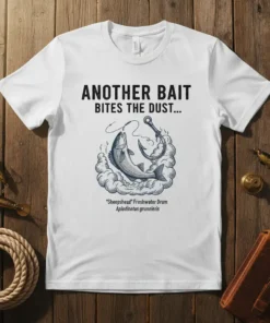 White t-shirt with black text "ANOTHER BAIT BITES THE DUST" above a graphic of a fish being reeled in, with